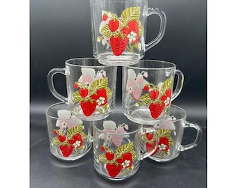 Vintage Strawberry Glass Coffee Mugs Set of 6 Red Fruit Floral Retro Drinkware