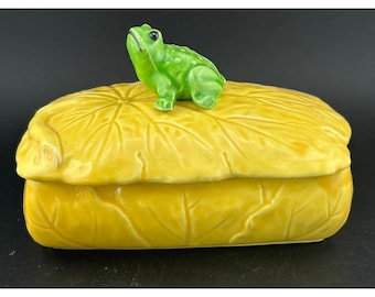Vintage Ceramic Trinket Box with Frog Lid Yellow 1975 Aldon Made In Japan