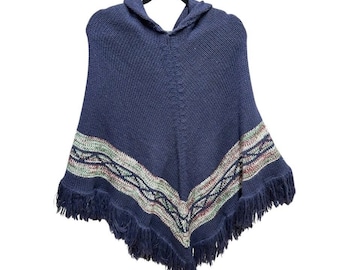 LOOK Navy Blue Knit Hooded Poncho Fringe Aztec Stripe Boho Women's