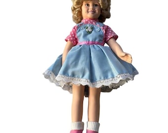 Danbury Mint Shirley Temple Porcelain Doll 1996 Blue Jumper Pink Heart Shirt 14"