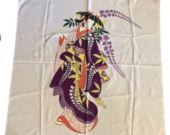 Vintage Japanese Geisha Print Decorative Fabric Scarf Art 28" X 28" 100% Nylon