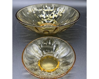 Amber Glass Serving Chip & Dip Bowls Set of 2 Vintage Embossed  Design