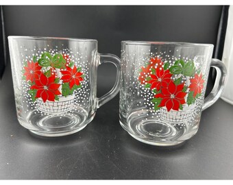 Set of 2 Vintage Luminarc Glass Mugs Christmas Poinsettia Basket Design
