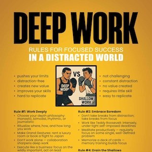 Op de afbeelding: Infographic 'Deep Work' met regels voor succes. Het contrasteert 'Deep Work' met 'Shallow Work' met boksfiguren. De tekst bevat strategieën voor diep werk, zoals diep werken, verveling omarmen en sociale media verlaten.