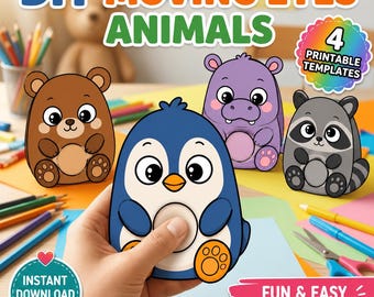 DIY Moving Eyes Animals Printable PDF, Animal Paper Craft for Kids, Preschool Activity, Kindergarten Craft, Instant Download