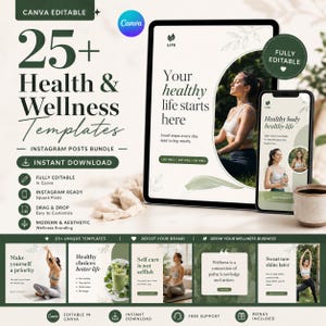 May include: A digital marketing graphic with the text "25+ Health & Wellness Templates" and "Instagram Posts Bundle." The image includes a tablet and smartphone displaying wellness content, along with sample Instagram posts. The design is modern and aesthetic.