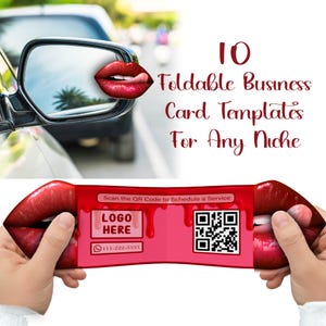 Op de afbeelding: Een opvouwbare visitekaartjessjabloon met een rood en roze ontwerp. De kaart wordt door handen vastgehouden. De tekst op de kaart luidt "LOGO HIER" en "Scan de QR-code om een service in te plannen". De afbeelding bevat ook de tekst "10 Opvouwbare visitekaartjessjablonen voor elke niche".