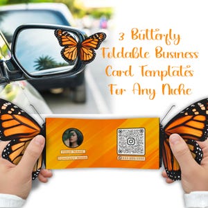 Può includere: Modello di biglietto da visita arancione e giallo con un design a farfalla. La scheda include un codice QR, una foto e campi per il nome e l'azienda. Il testo recita: "3 Butterfly Foldable Business Card Templates For Any Niche."