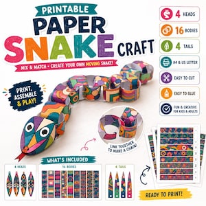 May include: A printable paper snake craft kit featuring colorful geometric patterns. The set includes 4 heads, 16 body segments, and 4 tails to create a moving chain. Text includes PRINTABLE PAPER SNAKE CRAFT, MIX & MATCH, PRINT, ASSEMBLE & PLAY, and WHAT'S INCLUDED.