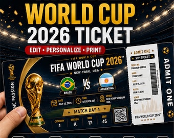 FIFA World Cup 2026 Ticket Template, Editable Canva Football Match Pass, Custom Matchday Ticket, Birthday, Football Gift, Instant Download
