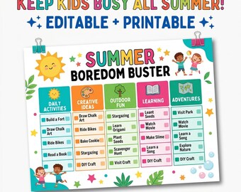 Summer Boredom Buster Chart | Editable Kids Activity Planner (Digital Download)