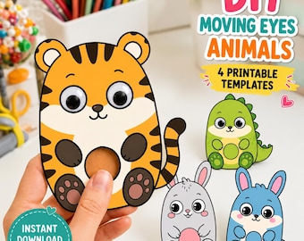 DIY Moving Eyes Animals Printable, Cute Animal Paper Craft for Kids, Preschool Activity, Paper Craft, 15-Minute Activity, Instant Download