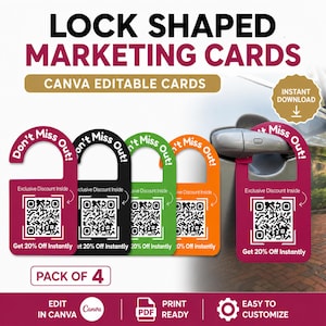 Może przedstawiać: Karty marketingowe w kształcie kłódki w kolorach magenta, czarnym, zielonym i pomarańczowym. Każda karta zawiera tekst Don't Miss Out, Exclusive Discount Inside oraz Get 20% Off Instantly wraz z kodem QR. Jedna karta wisi na klamce samochodu.