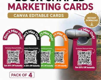 Lock Shaped Marketing Cards Canva Template, Editable QR Code Door Hanger Card, Pack of 4 Business Promotion Tags, Instant Download