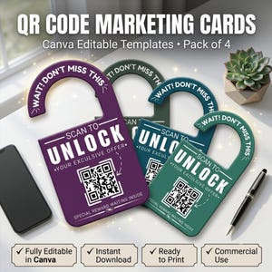 Tarjetas para colgar en la puerta con código QR / Paquete de 4 plantillas de marketing editables de Canva / Promoción comercial personalizada / Etiquetas imprimibles para colgar en pomos de puerta