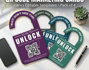 QR Code Door Hanger Cards | Canva Editable Marketing Templates Pack of 4 | Custom Business Promotion | Printable Door Knob Hangers Door Tags