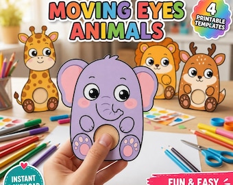 DIY Moving Eyes Animals Printable PDF | Cute Animal Paper Craft for Kids | Preschool & Kindergarten Activity | Instant Download