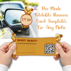 Könnte beinhalten: Bild einer Visitenkarten-Vorlage mit einem Löwen-Cartoon, der ein Schild mit der Aufschrift "STOP" hält. Die Karte lautet "WAIT WAIT! I've got something for you" und hat einen QR-Code. Der Text auf dem Bild lautet "Pre Made Foldable Business Card Templates For Any Niche."