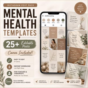 Op de afbeelding: Een digitaal Instagram-postpakket met sjablonen voor geestelijke gezondheid. Het ontwerp bevat een telefoon met een raster van berichten met inspirerende citaten, en de tekst "25+ Bewerkbare berichten" en "Canva inbegrepen!"