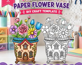 Paper Flower Vase Craft Printable for Kids | Color Your Own DIY Flower Bouquet | Teacher Appreciation Gift | Cut & Assemble PDF