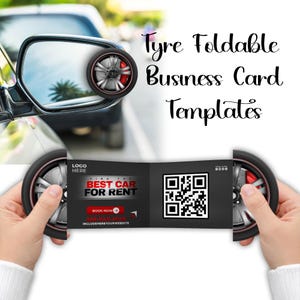 Peut inclure: Modèle de carte de visite avec un design de pneu de voiture. La carte est noire et rouge, avec le texte "BEST CAR FOR RENT" et un code QR. L'image comprend également un rétroviseur de voiture avec un graphique de pneu et le texte "Tyre Foldable Business Card Templates."