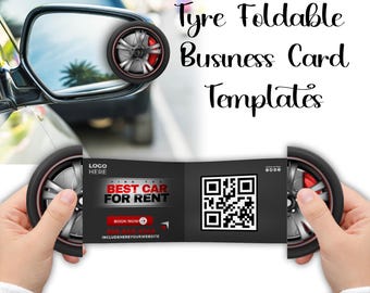 Car Rental Tyre Foldable Business Card Template (Canva), QR Code Marketing Card
