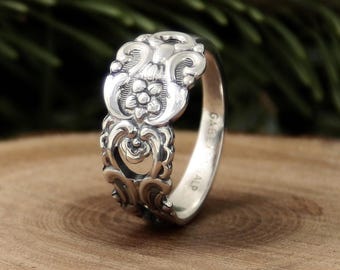 Floral Scroll Spoon Ring - Vintage Demitasse Silverware Ring - Ornate Openwork Band - Handmade Statement Ring