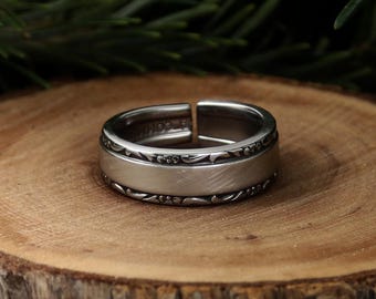 Via Roma Spoon Ring - Oneida Community 1969 Pattern - Brushed Floral Stainless Band Ring