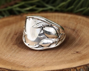 Orange Spoon Ring - Oneida 1910 Pattern - Wide Silverplate Citrus & Leaf Statement Ring