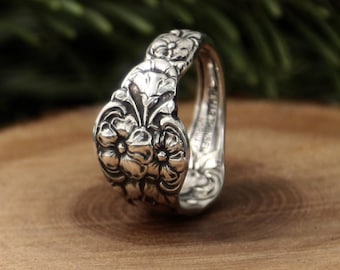 Vintage Wild Rose Spoon Ring - T.H. Marthinsen Norwegian EPNS Silverplate Floral Adjustable Wrap Ring