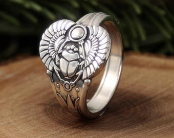 Antique Egyptian Spoon Ring - Scarab Beetle & Sun Disk - Oneida Wm A Rogers Silverplate - Egyptian Revival Statement Ring