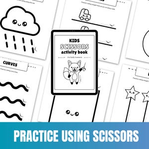 Puede incluir: Un libro de actividades en blanco y negro para niños con el título "KIDS SCISSORS activity book" e ilustraciones de un zorro, nubes, coches y estrellas. El libro está diseñado para que los jóvenes aprendices practiquen el uso de las tijeras.