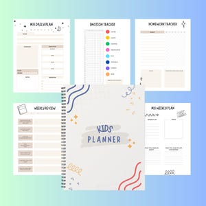 May include: A spiral-bound "Kids Planner" with a light gray cover featuring the title in blue and a watercolor-style design. The planner includes sections for daily plans, emotion tracking, homework, and weekly reviews.