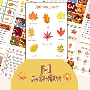 Könnte beinhalten: Lehrreiche Herbst-Themen-Druckvorlagen mit den Titeln "Autumn Leaves" und "Fall Activities". Das Bild zeigt farbenfrohe Illustrationen verschiedener Blatttypen, eine Herbst-Bucket-Liste und eine Herbst-Schnitzeljagd. Die Vorlagen sind für Bildungszwecke konzipiert.