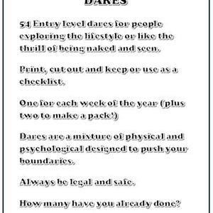 May include: A white rectangular card with a blue border. The card features the text "HOTWIFE & EXHIBITIONIST DARES" and a list of 54 entry-level dares. The text is in a bold, serif font.