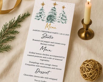 de Carte de menu de Noël | Menu imprimable du dîner des Fêtes | Menu canevas modifiable | Menu Fête de Noël | Modèle de dîner de Noël