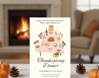 May include: Thanksgiving Dinner template with a festive illustration of a dinner table set for a holiday feast. The invitation includes the text "Thanksgiving Dinner" and event details. Pumpkins, pinecones, and fall leaves decorate the foreground.