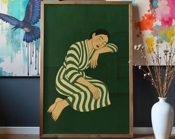 Emerald Green Abstract Woman Art Print, Modern Mid Century Wall Art, Feminist Printable Decor, Geometric Line Art, Digital Download
