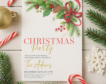 Sjabloon bewerkbare uitnodiging kerstfeest, uitnodiging feest, kersthulst, afdrukbare kerstuitnodiging, canvas bewerkbare uitnodiging