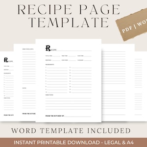 Puede incluir: Una plantilla de página de recetas con un diseño minimalista. Las páginas son blancas con texto negro, con secciones para ingredientes, instrucciones y notas. Una etiqueta marrón con "PDF | WORD" está adjunta. Las palabras "RECIPE PAGE TEMPLATE" y "WORD TEMPLATE INCLUDED" también son visibles.