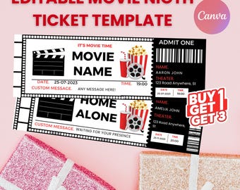 Printable Movie Night Ticket | Editable Movie Gift Template | Cinema-Themed Party Reveal | Movie Ticket Card | Canva Instant Download