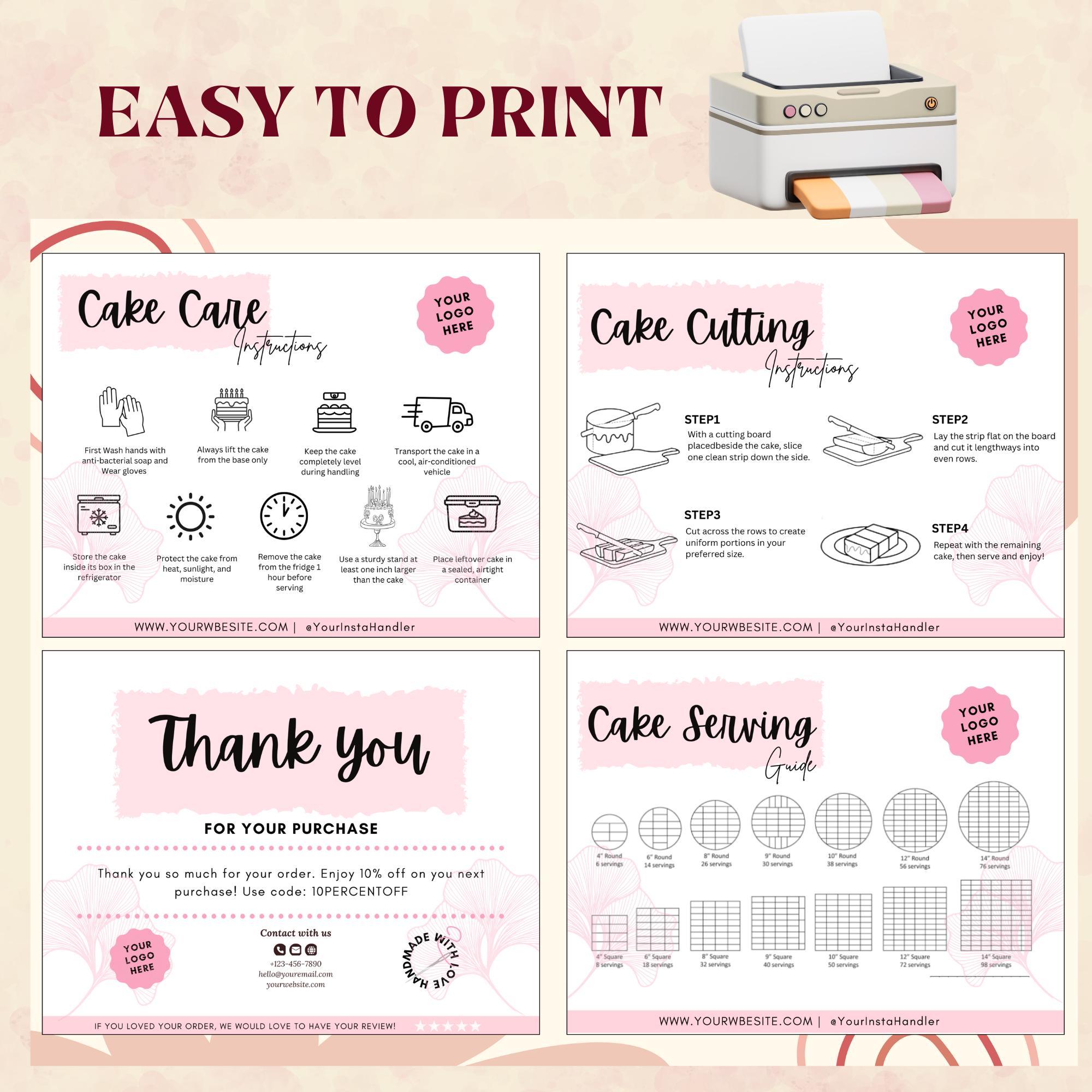 Cake Care & Cutting Guide Set | Editable Canva Template | Cake Care ...