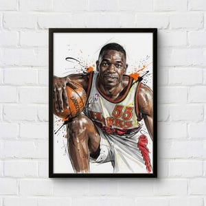 Può includere: Opera d'arte incorniciata raffigurante un giocatore di basket con la maglia degli Hawks, numero 55. L'illustrazione utilizza penna e inchiostro con schizzi di vernice arancione e nera. Il giocatore tiene in mano un pallone da basket.