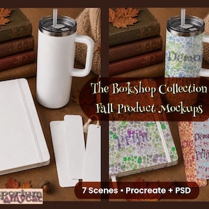 May include: A white tumbler with a handle and lid, a blank white notebook, and three blank white bookmarks. The image also displays a patterned tumbler, a patterned notebook, and three patterned bookmarks with the text Demo and Print.