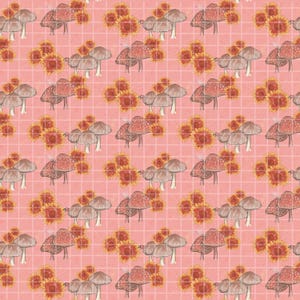 May include: A repeating pattern of mushrooms and sunflowers on a pink grid background. The mushrooms have red caps with white spots and brown stems. The sunflowers are yellow and orange. The overall design is whimsical and nature-themed.