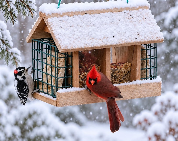Wooden Bird Feeder with Suet Cages, Cardinal Feeder, Wild Bird House, Hanging Backyard Bird Feeder