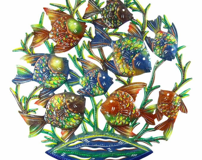 Handmade Haitian Metal Fish Wall Art, 24 Inch Recycled Steel Ocean Decor, Colorful Coastal Home Accent