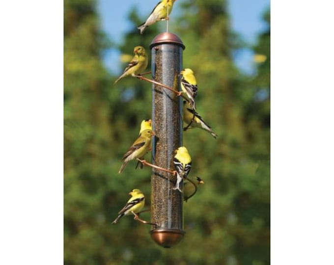 Copper Spiral Finch Feeder, Squirrel-Proof Nyjer Tube, 18-Port Hanging Bird Station