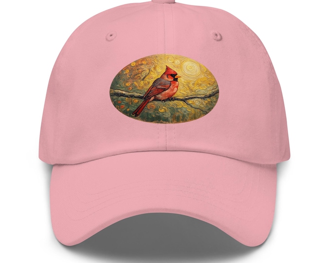 Van Gogh Style Cardinal Bird Dad Hat | Artistic Bird Lover Baseball Cap | Red Cardinal