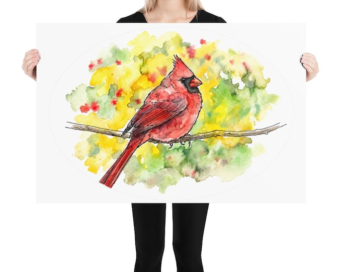 Watercolor Cardinal Poster Print | Northern Cardinal Wall Art | Bird Lover Gift | Nature Artwork | Red Bird Decor | Wildlife Poster